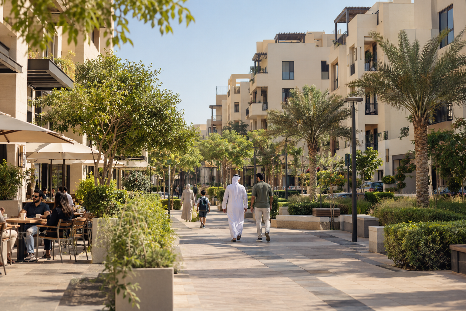 Wohnviertel am Arabischen Golf mit Apartments, Palmen und Menschen im Alltag