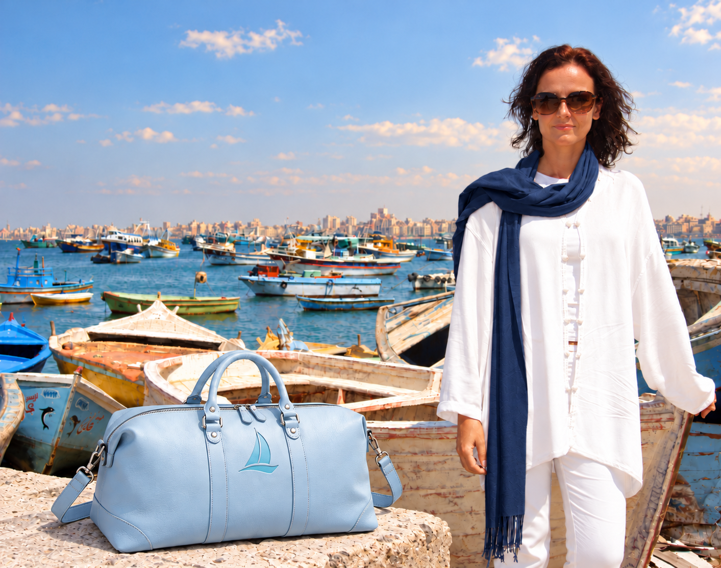 Gründerin des Lifestyle Travel Club am Hafen von Alexandria mit Fischerbooten und einem hellblauen SEA Weekender