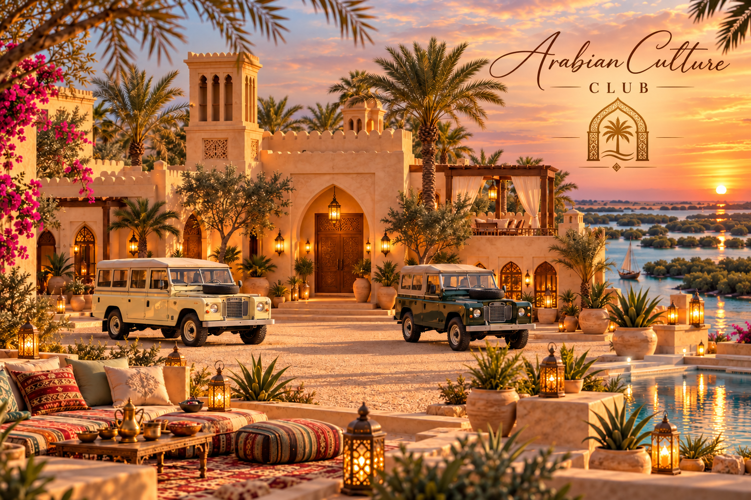 Arabian Culture Club concept at sunset with elegant dark logo