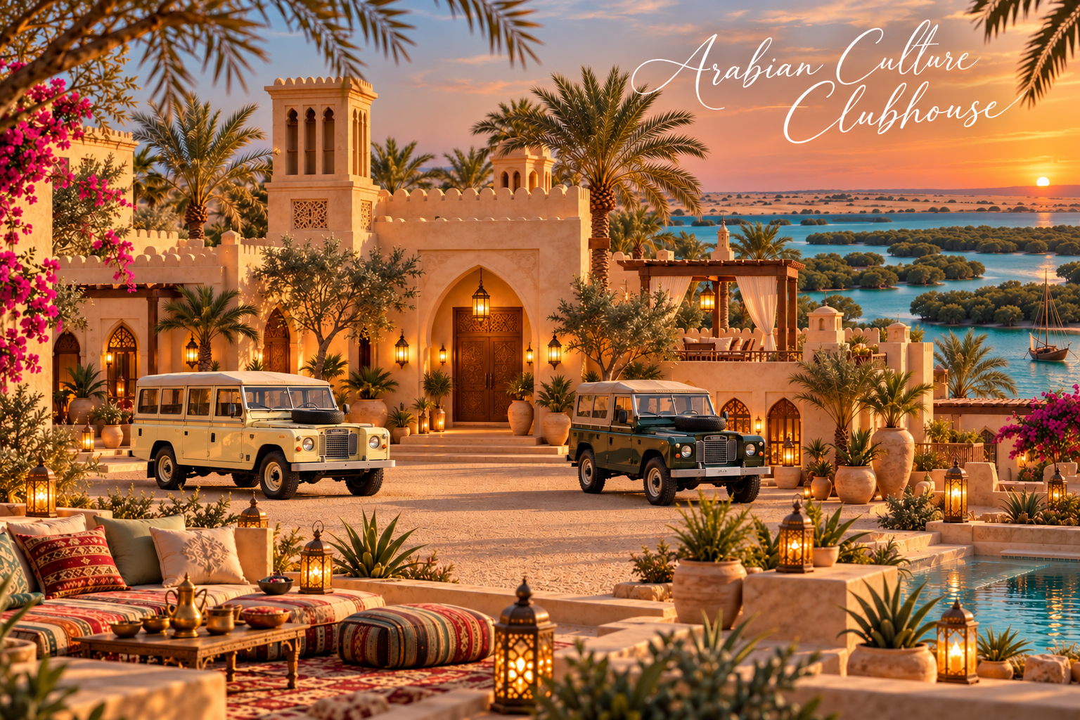 Concept visualisation of a proposed Arabian Culture Clubhouse by the UAE coast, with two classic Land Rovers