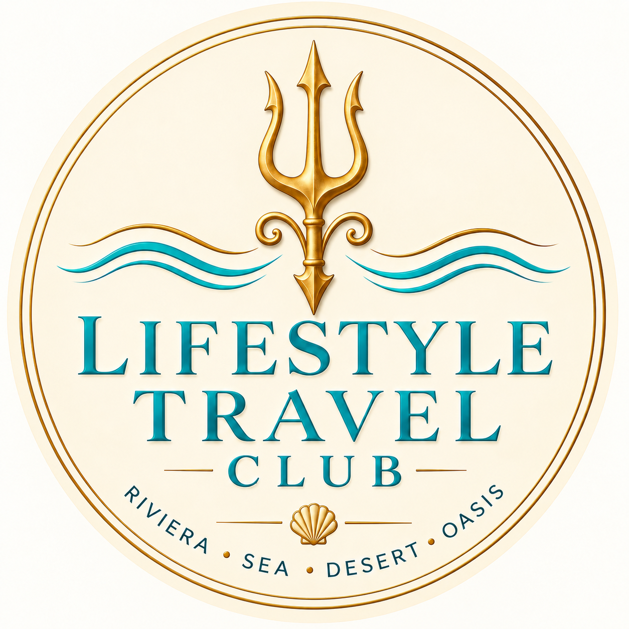 Lifestyle Travel Club emblem with a gold trident, turquoise waves and Riviera, Sea, Desert and Oasis lettering