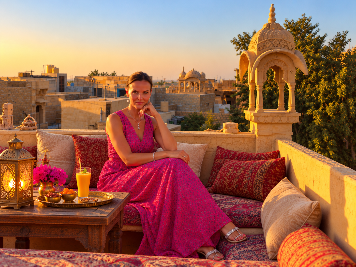 Gründerin des Lifestyle Travel Club im pinkfarbenen Kleid auf einer historischen Dachterrasse in Jaisalmer bei Sonnenuntergang