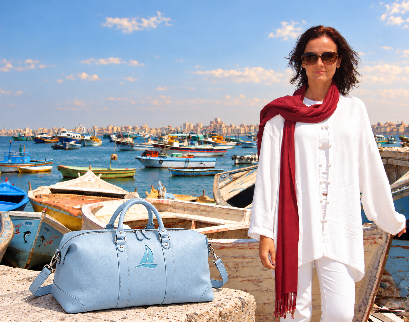 Lifestyle Travel Club founder beside Alexandria harbour with fishing boats and a light blue SEA Weekender