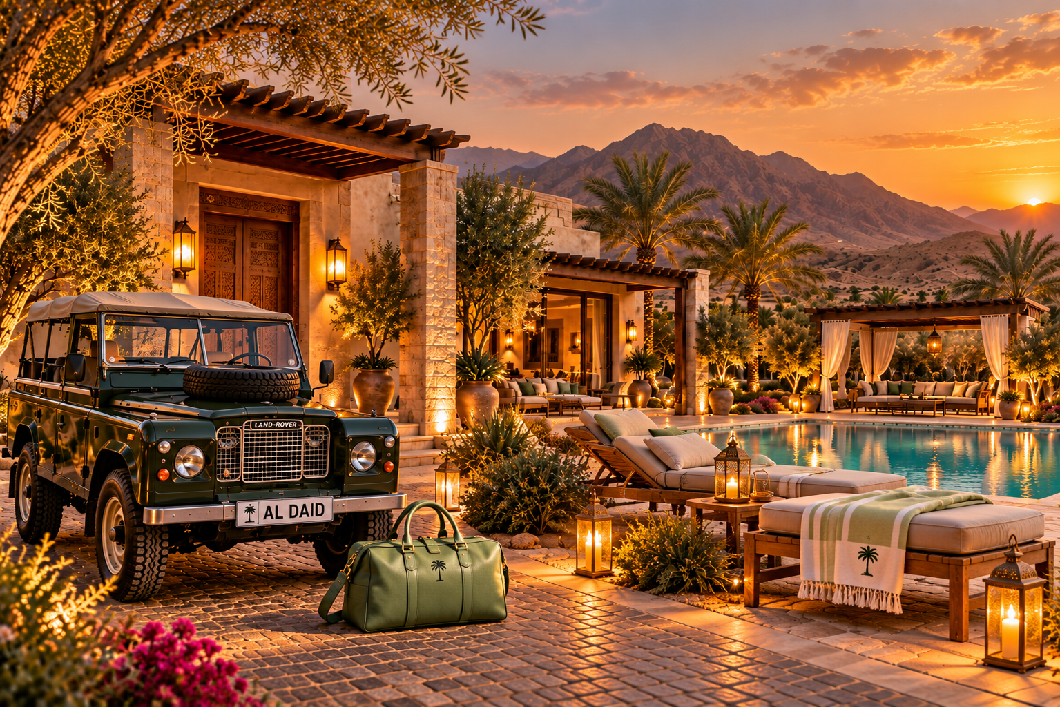 Concept visualisation of the proposed Oasis Getaway in Al Dhaid with a villa, classic Land Rover and Oasis Weekender bag