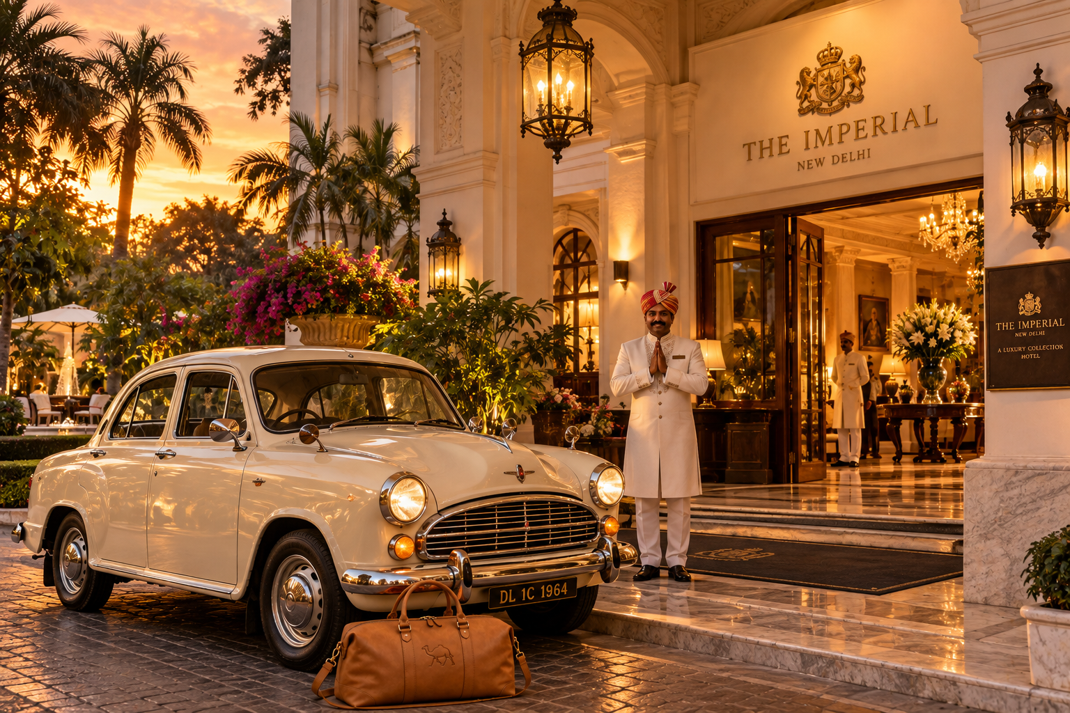 Konzeptvisualisierung einer Ankunft am Imperial New Delhi mit klassischem Hindustan Ambassador, einem begrüßenden Portier und einer camelfarbenen Weekender-Tasche