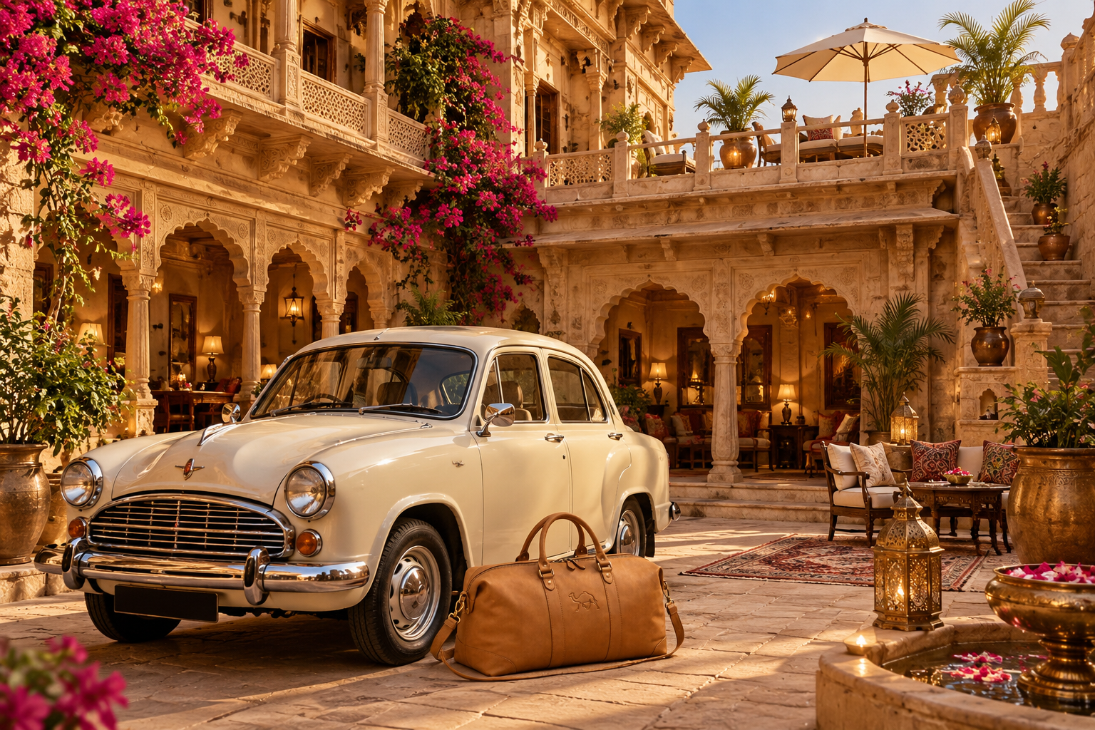 Konzeptvisualisierung eines historischen Haveli-Innenhofs in Rajasthan mit kunstvoll verzierten Sandsteinfassaden, klassischem Hindustan Ambassador und camelfarbenem Desert Weekender