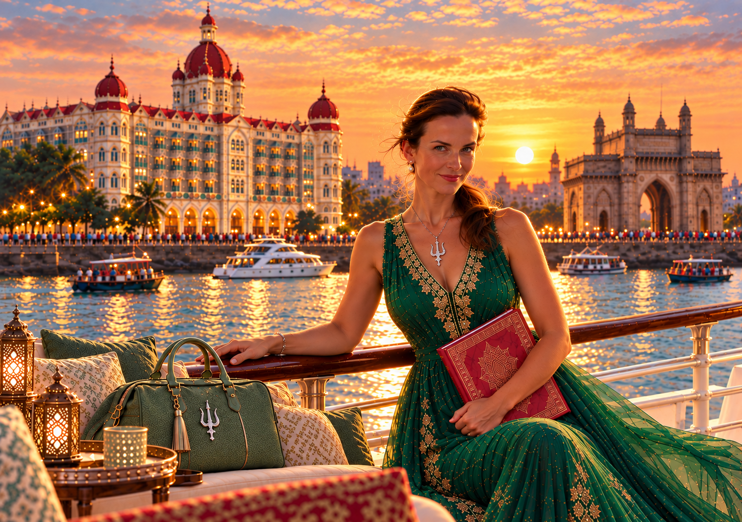 Lifestyle Travel Club founder in a green dress with a Trident necklace and matching Weekender aboard a yacht, overlooking the Taj Mahal Palace and Gateway of India at sunset