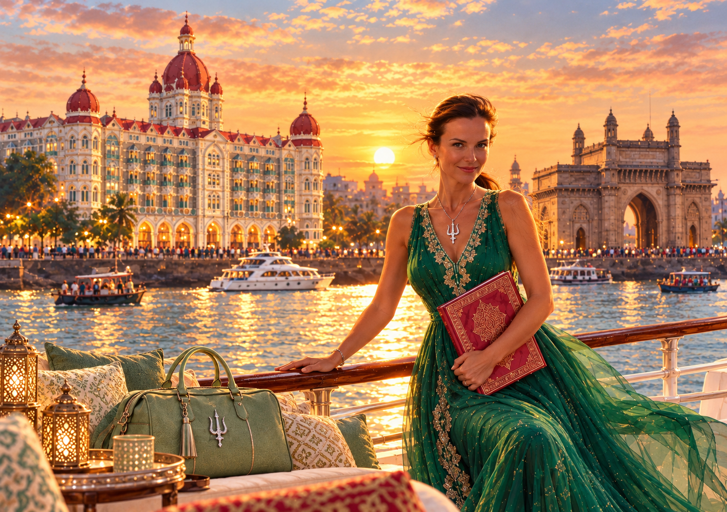 Lifestyle Travel Club founder in a green dress aboard a boat, with the Taj Mahal Palace and Gateway of India on Mumbai’s waterfront at sunset